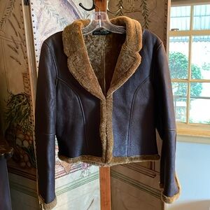 Women’s L Leather Coat Vintage REM Garson Brown Shearling Waist Made Argentina